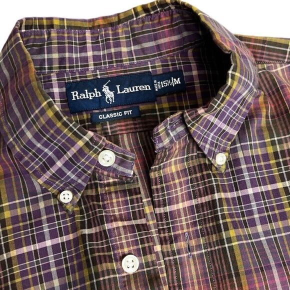 Ralph Lauren Classic Fit Plaid Oxford Shirt Size 15½‎ M Olive Pony Plum Multi - Picture 5 of 6